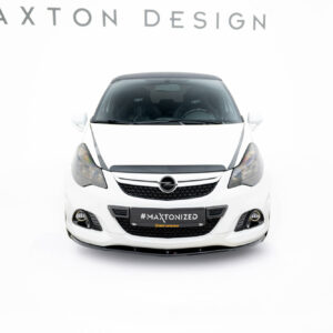 pol_po_Front-Splitter-suitable-for-Opel-Corsa-D-OPC-VXR-840_4jpg - OPSHOLDERS Front view of a white car in a studio with a black grille and Opel badge, displaying the '#MAXTONIZED' plate and 'MAXTON DESIGN' text above.