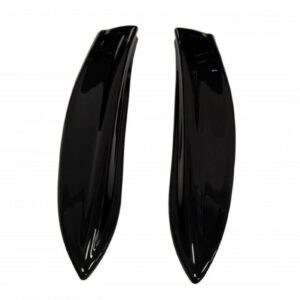 Pair of glossy black curved plastic pieces placed side by side, resembling sleek fins or shells.