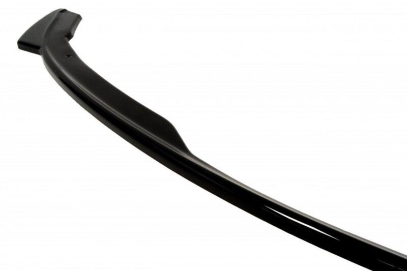 Black curved windshield wiper blade with mounting connector on one end against a white background.