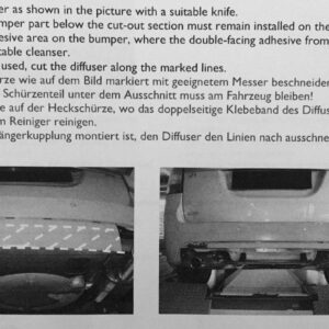 Page of a manual with multilingual instructions about cutting and maintaining a car bumper, followed by two black-and-white photos showing the rear of a car: left image of the bumper area and cut-out section, right image of the rear undercarriage with exhaust and mounting area.