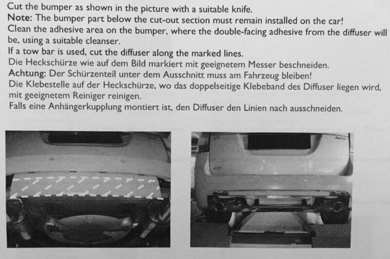 Page of a manual with multilingual instructions about cutting and maintaining a car bumper, followed by two black-and-white photos showing the rear of a car: left image of the bumper area and cut-out section, right image of the rear undercarriage with exhaust and mounting area.