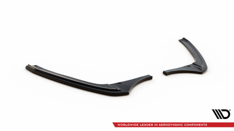 Pair of black curved aerodynamic car parts placed on a white studio background, brand logo visible in the corner.
