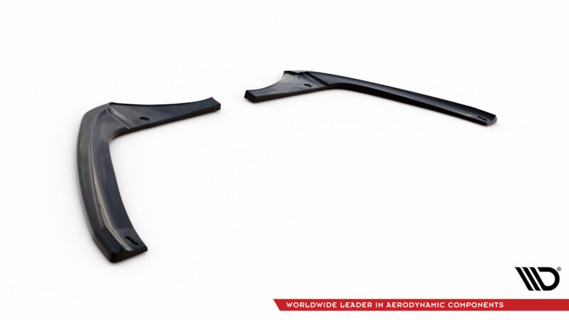 Two black curved aerodynamic components laid on a white background, with a brand logo and red slogan at the bottom right reading 'Worldwide Leader in Aerodynamic Components'.