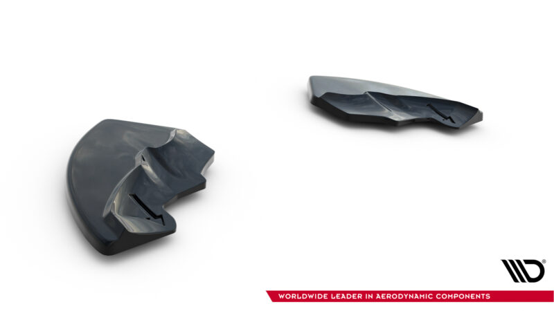 Two damaged dark gray aerodynamic components lying on a white background, with a brand logo visible in the bottom right corner and a red banner text along the edge.