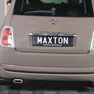 pol_po_Rear-Side-Splitters-suitable-for-Fiat-500-7185_3jpg - OPSHOLDERS Rear view of a beige Fiat car with the license plate reading 'MAXTON' and taillights visible on each side.