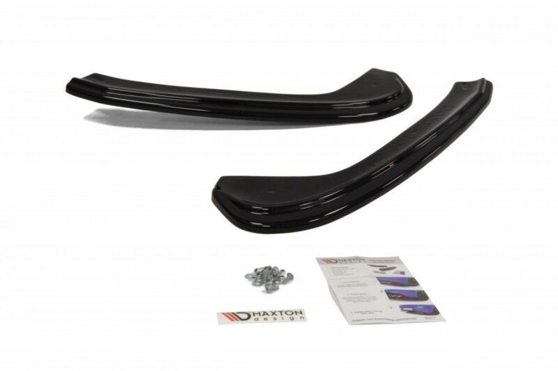 Pair of black curved car side skirts with mounting hardware and installation instructions (Maxton Design).