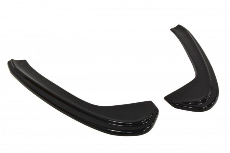 Pair of glossy black curved plastic trim pieces on a white background (likely automotive parts). Substance-focused description for accessibility purposes.