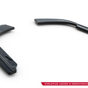 pol_po_Rear-Side-Splitters-suitable-for-Renault-Talisman-1143_5jpg - OPSHOLDERS Two curved dark gray aerodynamic blades laid on a white studio background, with a logo in the bottom right corner and a red banner that reads 'Worldwide Leader in Aerodynamic Components'.
