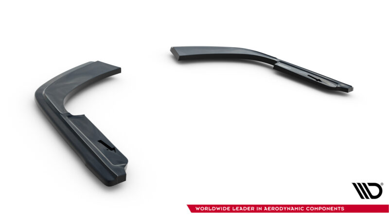pol_po_Rear-Side-Splitters-suitable-for-Renault-Talisman-1143_5jpg - OPSHOLDERS Two curved dark gray aerodynamic blades laid on a white studio background, with a logo in the bottom right corner and a red banner that reads 'Worldwide Leader in Aerodynamic Components'.
