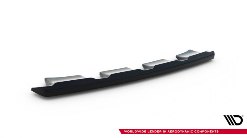 Curved row of silver airfoil blades on a dark base against a white background, part of an aerodynamic component.