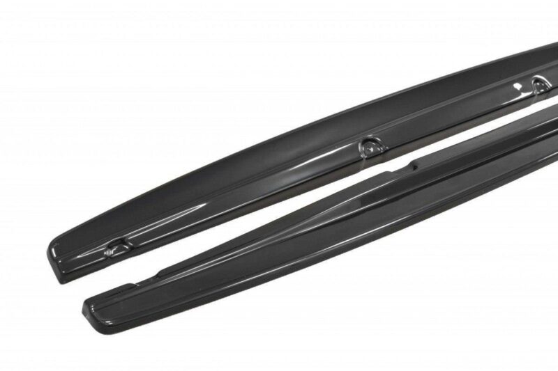 Pair of glossy black car roof rails with mounting points, shown diagonally on a white background.