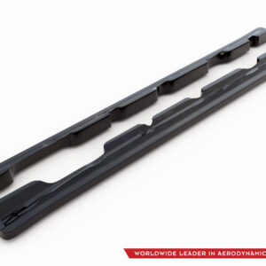 Two black windshield wiper blades laid diagonally on a white background, showing an aerodynamic car part design with a logo at the bottom right.
