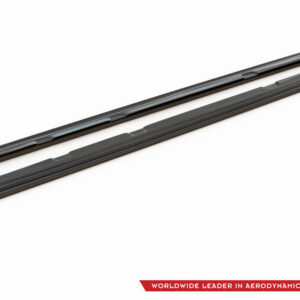 Two dark gray windshield wiper blades laid diagonally across a white background with a brand logo in the bottom right corner and a red ribbon banner reading 'Worldwide Leader in Aerodynamic Components'.