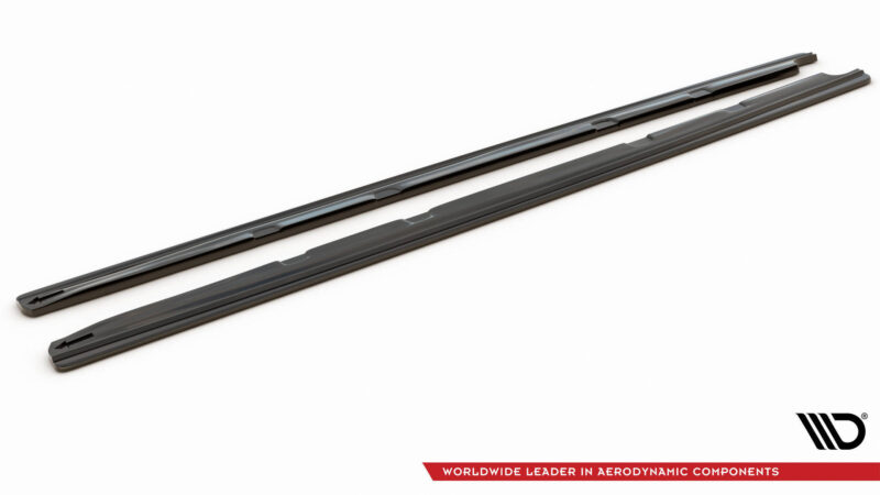 Two dark gray windshield wiper blades laid diagonally across a white background with a brand logo in the bottom right corner and a red ribbon banner reading 'Worldwide Leader in Aerodynamic Components'.