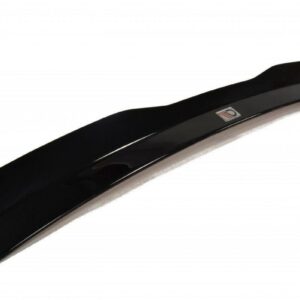 Glossy black rear car spoiler with a small emblem on a white background.