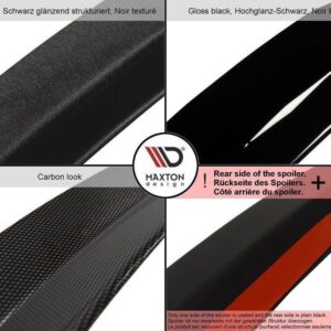 Collage of four carbon‑fiber style spoiler strips around a central Maxton Design logo, with finish labels: textured black, gloss black, carbon look, and a red/black accented strip.