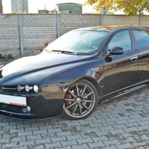 pol_po_Side-Skirts-Diffusers-suitable-for-Alfa-Romeo-159-Ti-77_3jpg - OPSHOLDERS Black Alfa Romeo station wagon parked on a brick driveway with a grey fence in the background, front three-quarter view showing large multi‑spoke wheels and red brake calipers.