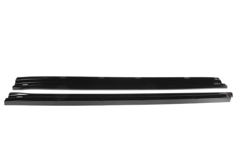 Two glossy black car roof rack crossbars laid horizontally on a white background.