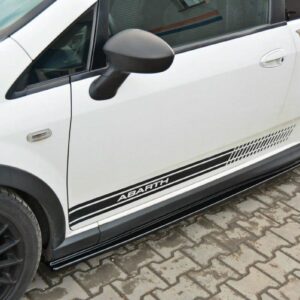 White Abarth car side view with black racing stripe and 'ABARTH' logo, black wheels, on brick pavement.