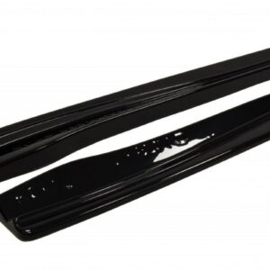 Pair of glossy black car side sill trim pieces shown on a white background (protective/decorative molding for vehicle doors).