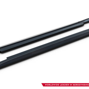 Two long dark metal aerodynamic rails laid diagonally on a white background, with a red banner reading 'Worldwide Leader in Aerodynamic Components' and a logo in the corner.