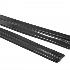 Two glossy black car trim rails laid diagonally on a white background.