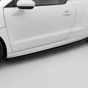 Close-up side view of a white sports car showing the door, mirror, and sleek body lines with large black wheels and rim details.