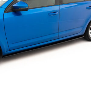 Side view of a blue car showing front and rear doors, side mirror, and wheel details in a studio setting.