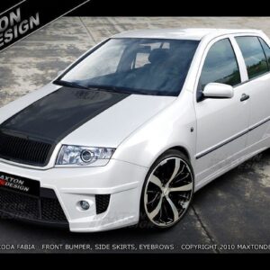 White Skoda Fabia with a black hood stripe and oversized black alloy wheels, shown from a three-quarter front view on a concrete surface.