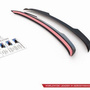 Pair of curved automotive aero components with pink strip, showcased on white background, Maxton Design ad with brand logo and slogan bottom right.