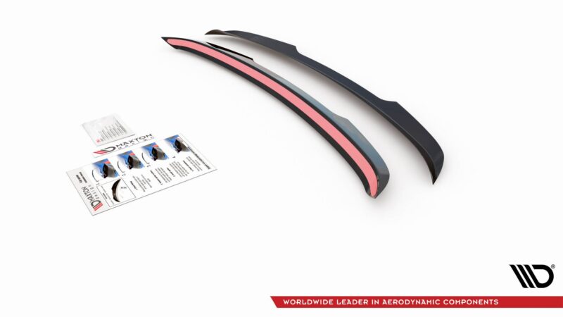 Pair of curved automotive aero components with pink strip, showcased on white background, Maxton Design ad with brand logo and slogan bottom right.