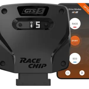 product-gts-connect_shop-new - OPSHOLDERS Black Race Chip performance tuner mounted with a smartphone displaying Drive Modes: Race, Sport, Eco.