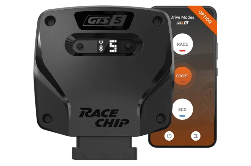 product-gts-connect_shop-new - OPSHOLDERS Black Race Chip performance tuner mounted with a smartphone displaying Drive Modes: Race, Sport, Eco.