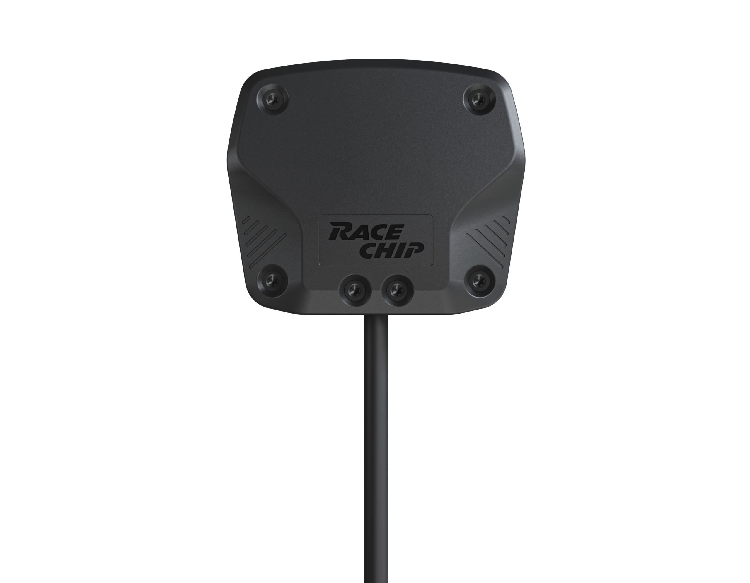 racechip_brainbox_001 - OPSHOLDERS Back view of a dark gray Race Chip device mounted on a vertical pole with multiple screws visible around the edges, on a black background.