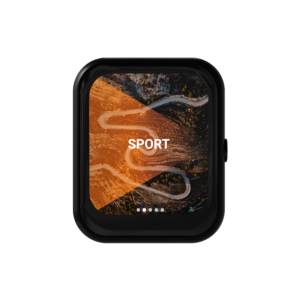 racechip_controller_001 - OPSHOLDERS Close-up of a black rugged smartphone with a screen showing a winding road over orange terrain and the word SPORT partially visible.