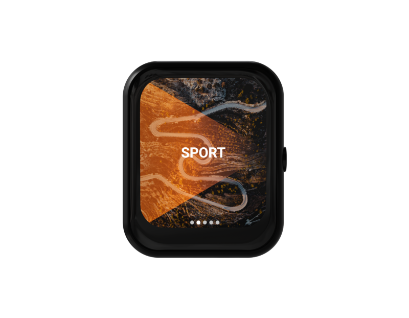 racechip_controller_001 - OPSHOLDERS Close-up of a black rugged smartphone with a screen showing a winding road over orange terrain and the word SPORT partially visible.